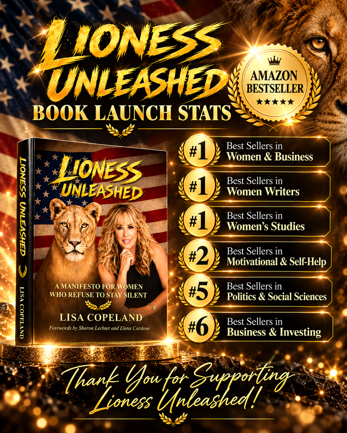 Lioness Unleashed book launch stats: #1 Amazon Bestseller in Women in Business, Women Writers, and Women's Studies